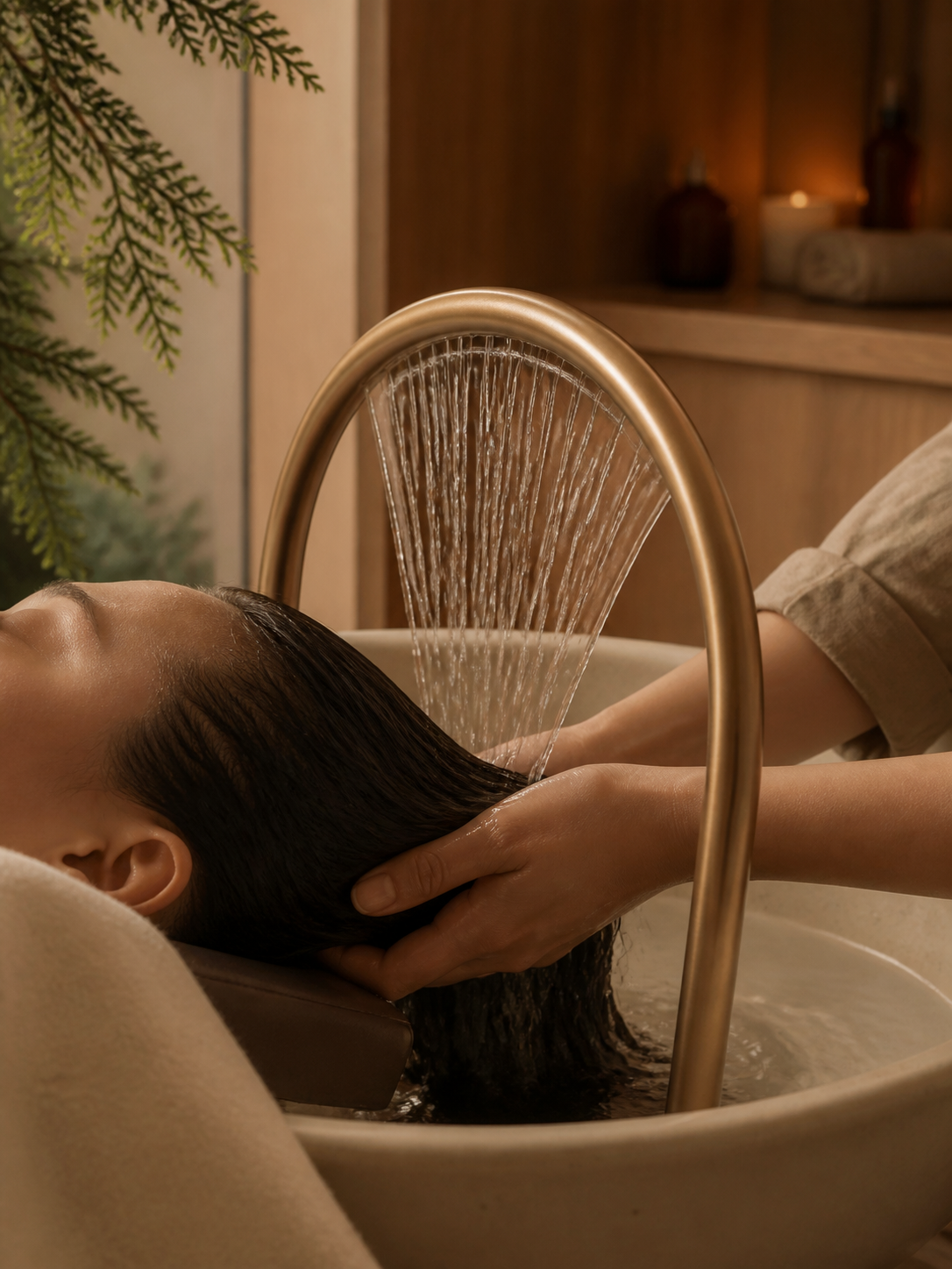 A relaxing waterfall head spa treatment at Cedar Spa