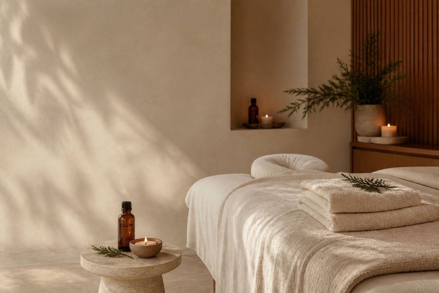 Warm private treatment room prepared for a Cedar Spa facial